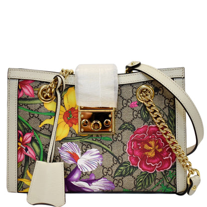 GUCCI Padlock Flora Small GG Supreme Canvas Shoulder Bag Beige 498156