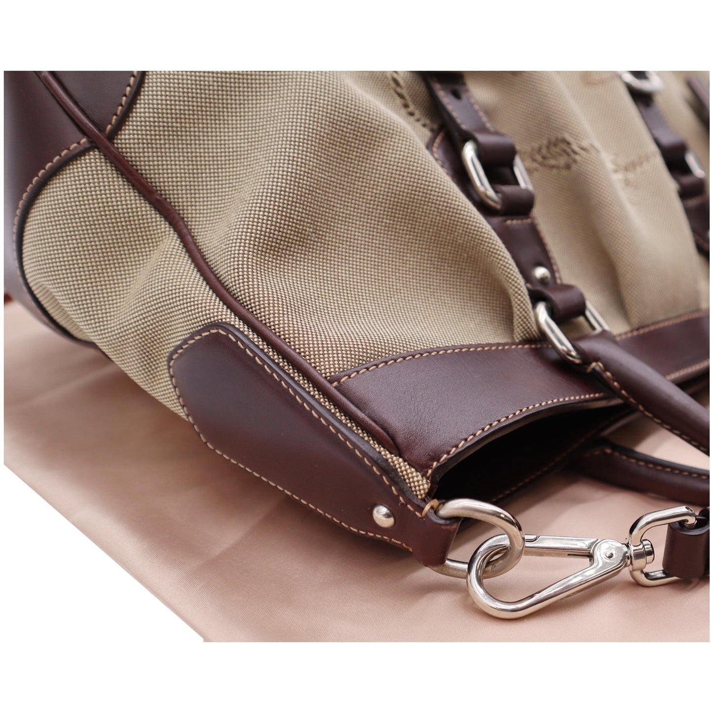 PRADA Jacquard Logo Canvas Leather Tote Shoulder Bag Beige