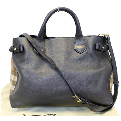 BURBERRY Black Calf Leather House Check Medium Banner Tote Bag