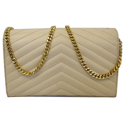 YVES SAINT LAURENT Matelasse Chevron Grain De Poudre Envelope Chain Wallet Beige