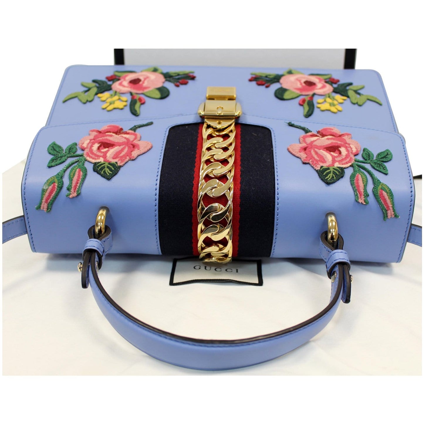 GUCCI Sylvie Embroidered Leather Medium Top Handle Bag Blue 431665