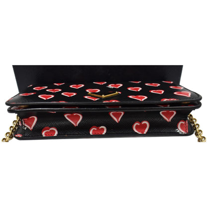 PRADA Saffiano Heart Print Long Leather Wallet on Chain Crossbody Bag Black