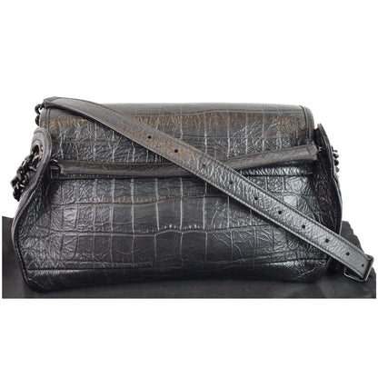 YVES SAINT LAURENT Niki Croc Embossed Leather Shoulder Bag Black