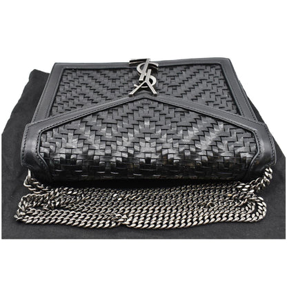 YVES SAINT LAURENT Cassandra Medium Woven Leather Chain Shoulder Bag Black