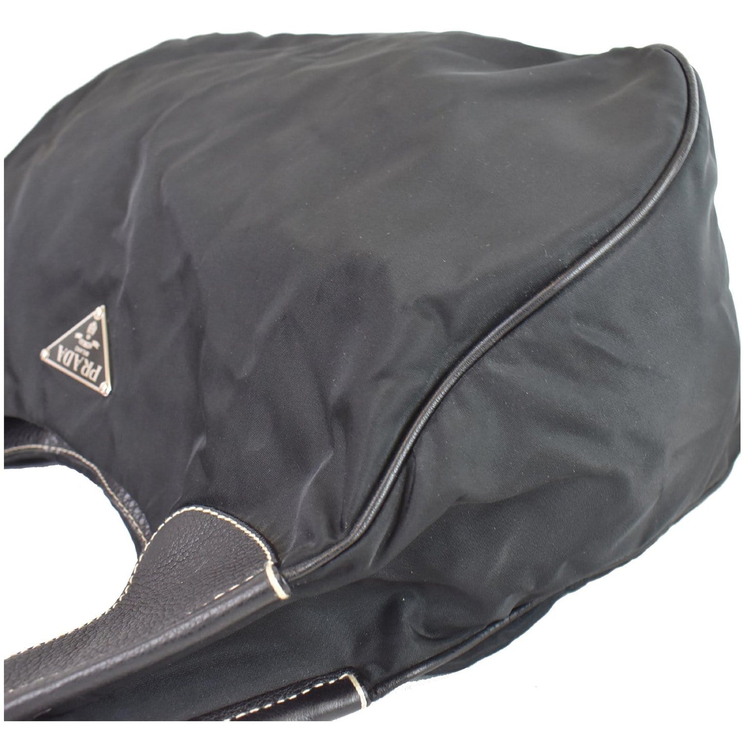 PRADA  Nylon Leather Strap Hobo Bag Black