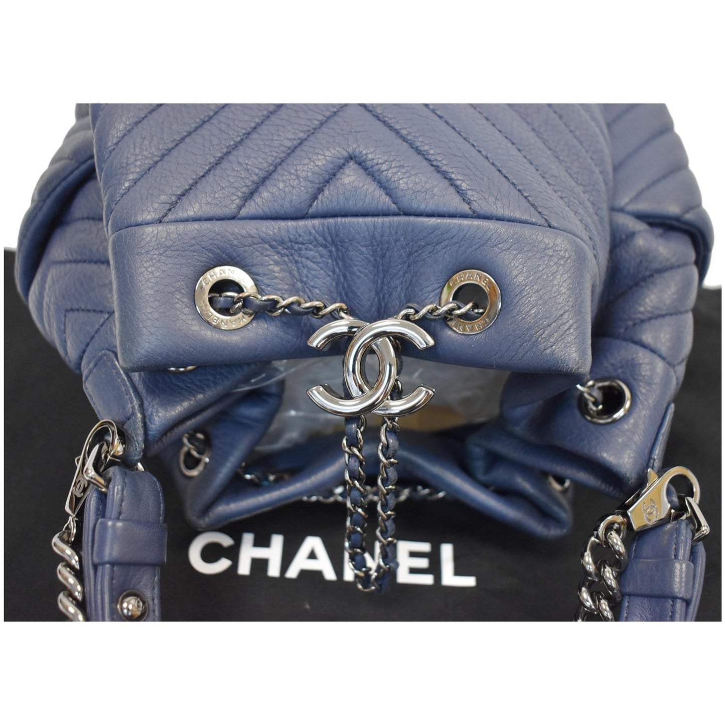 CHANEL Chevron Small CC Chain Bucket Deerskin Drawstring Shoulder Bag Blue