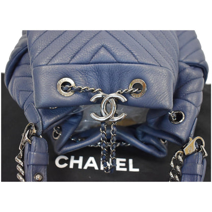 CHANEL Chevron Small CC Chain Bucket Deerskin Drawstring Shoulder Bag Blue