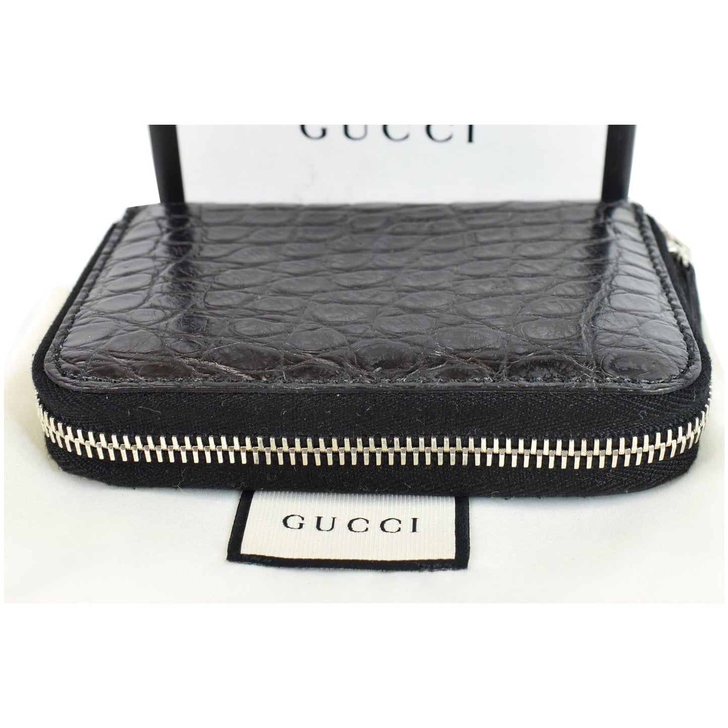 GUCCI Embossed Crocodile Zip Around Bifold Wallet Black 256235 - Final Sale