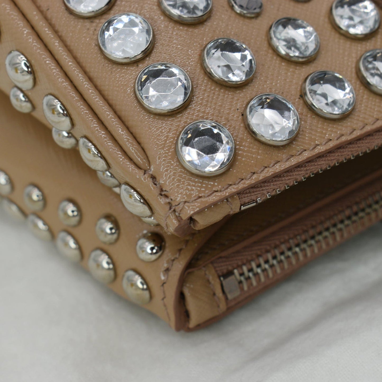 PRADA Women Vernice Crystal Studded Saffiano Leather Top Handle Shoulder Bag Beige