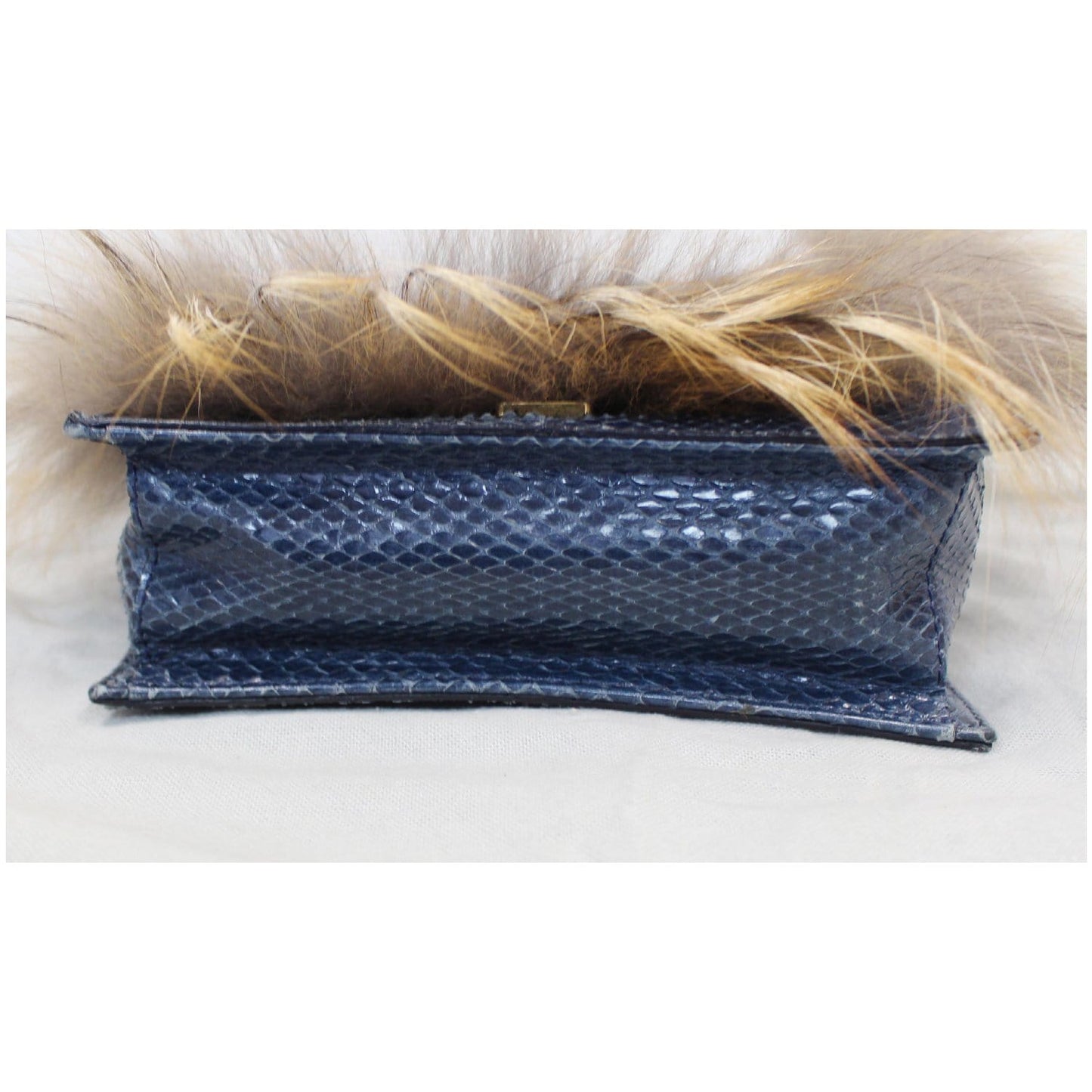 FENDI Daisy Beaded Snakeskin Fox Fur Trim Crossbody Clutch Bag Blue - Final Sale
