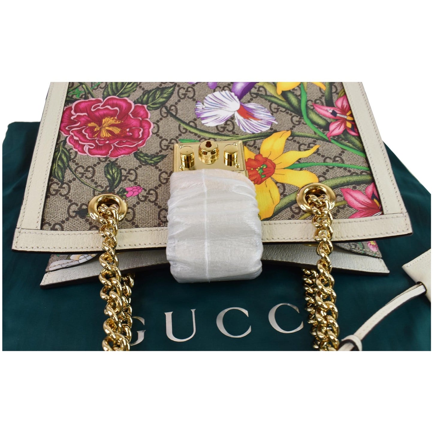 GUCCI Padlock Flora Small GG Supreme Canvas Shoulder Bag Beige 498156
