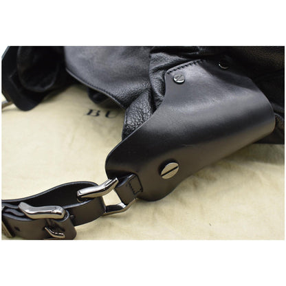 BURBERRY Warrior Drawstring Leather Hobo Bag Black