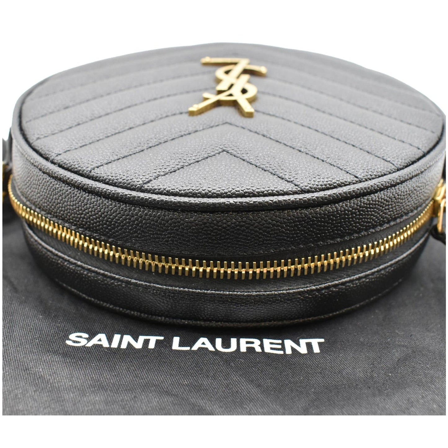 YVES SAINT LAURENT Vinyle Round Chevron Leather Camera Crossbody Bag Black