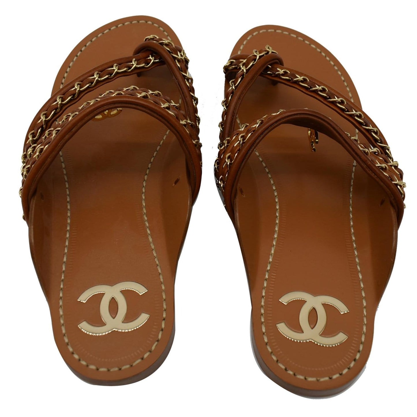 Chanel Thong CC Charm Leather Flat Sandals Brown 39