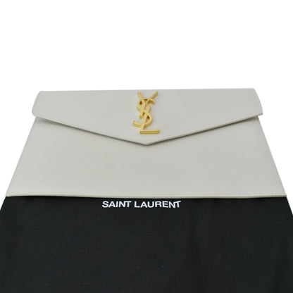 YVES SAINT LAURENT Uptown Envelope Grain De Poudre Leather Clutch White