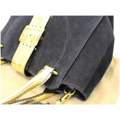 BURBERRY The Medium Buckle Suede and Snakeskin Tote Shoulder Bag Black
