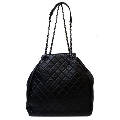 CHANEL Drawstring Bucket Quilted Lambskin Leather Shoulder Bag Black