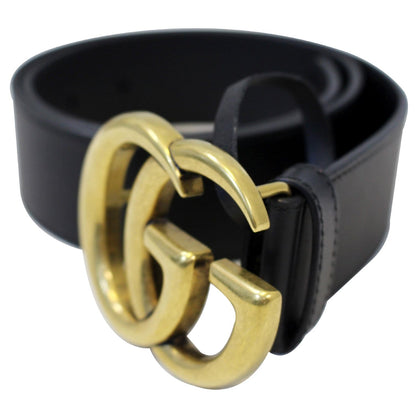 GUCCI Double G Buckle Black Leather Belt Size 35