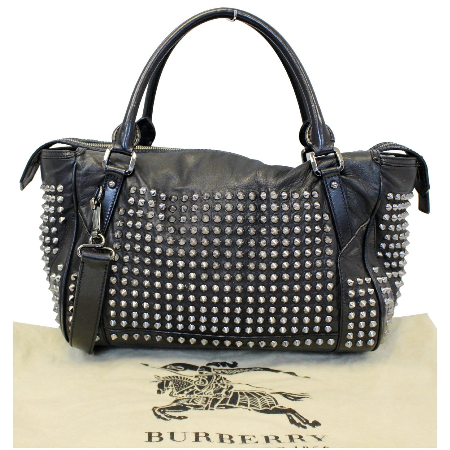 BURBERRY Studded Leather Satchel Shoulder Bag Black