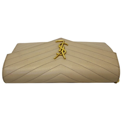 YVES SAINT LAURENT Matelasse Chevron Grain De Poudre Envelope Chain Wallet Beige