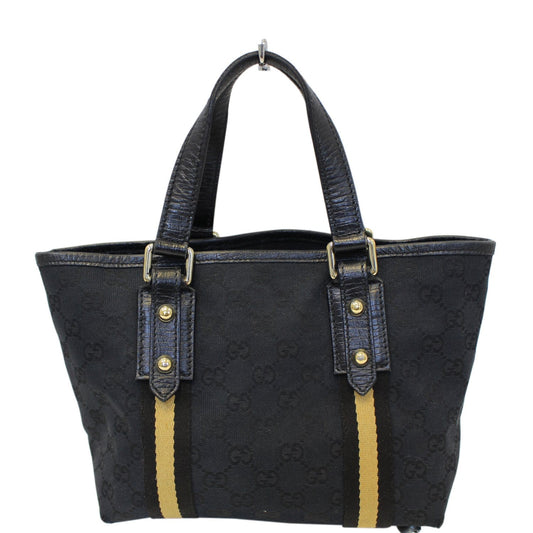 GUCCI Black GG Canvas Jolicoeur Yellow Stripe Small Tote Bag