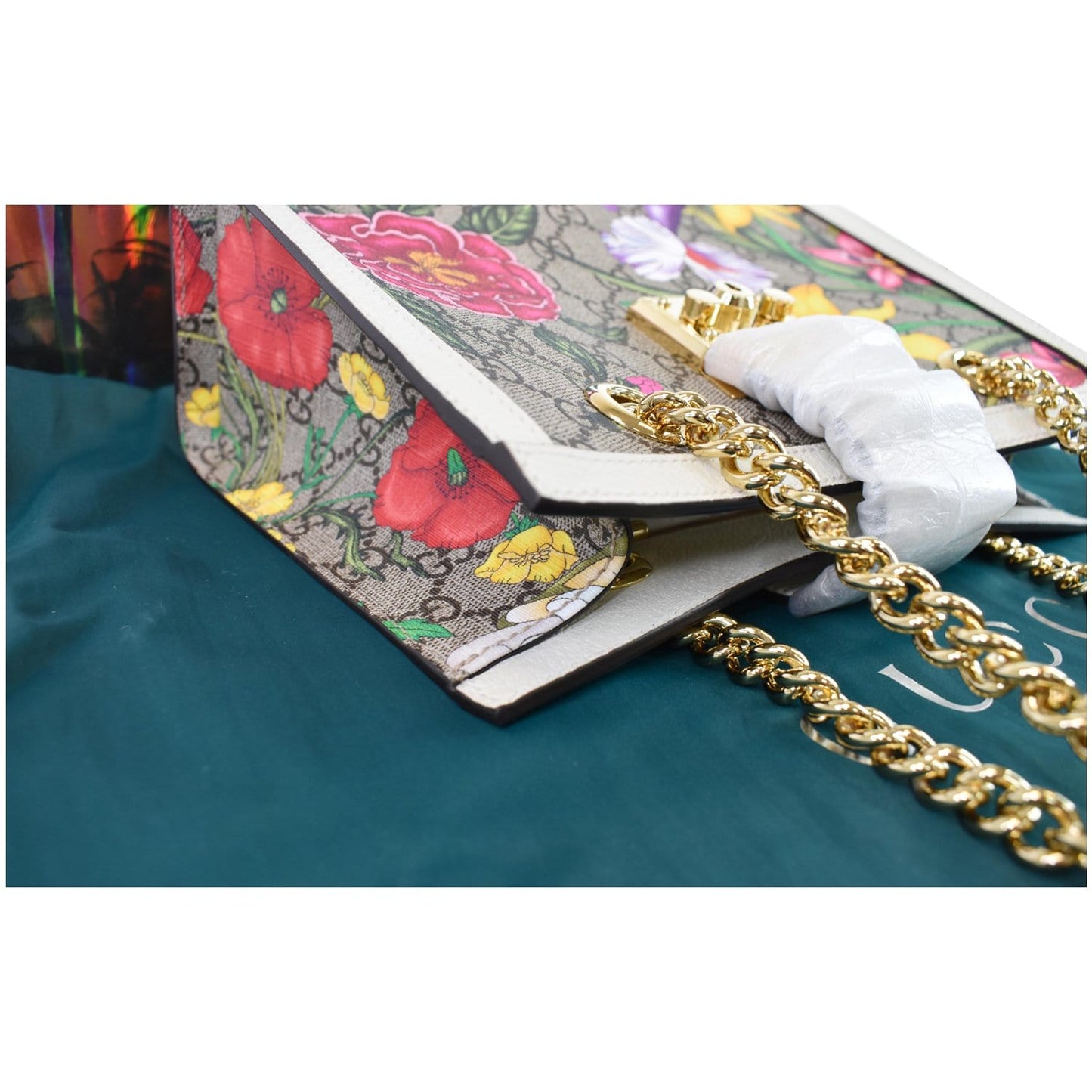 GUCCI Padlock Flora Small GG Supreme Canvas Shoulder Bag Beige 498156