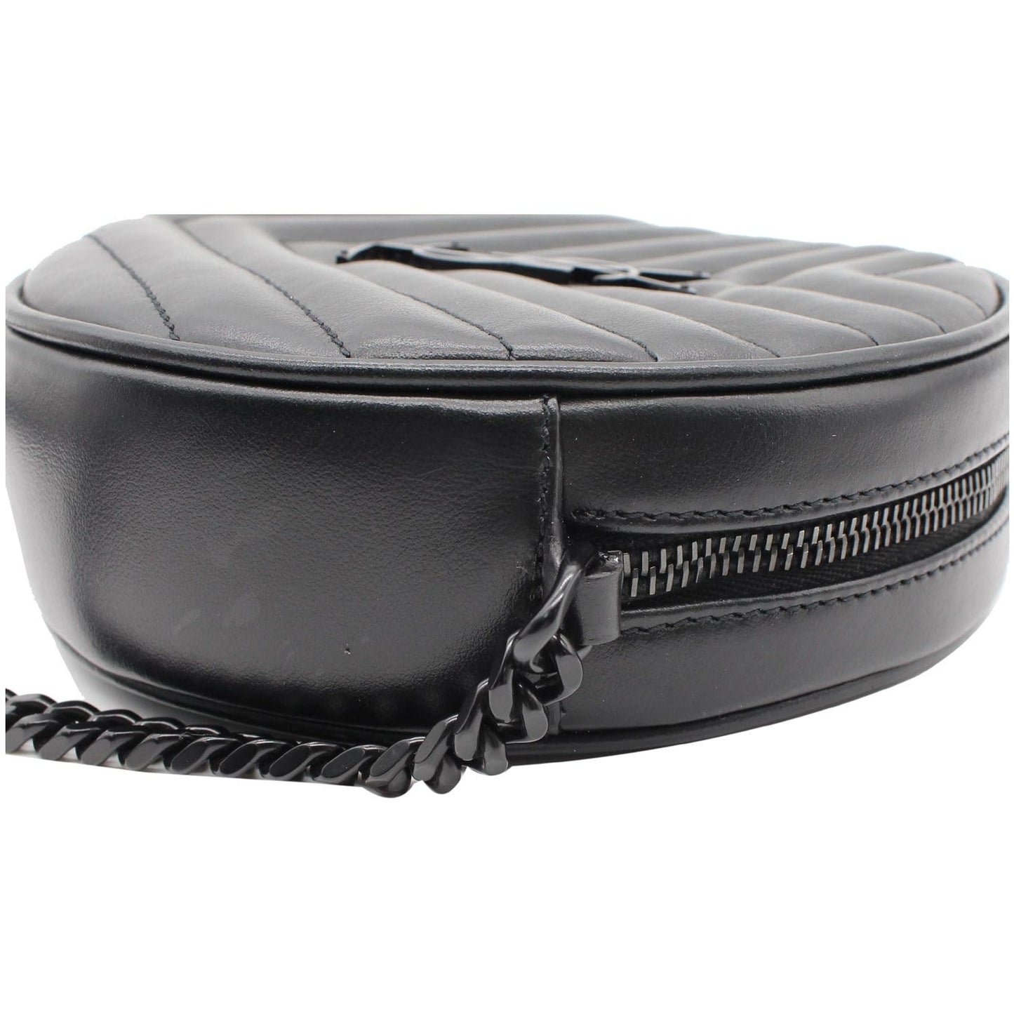 YVES SAINT LAURENT Vinyle Round Chevron Leather Camera Crossbody Bag Black