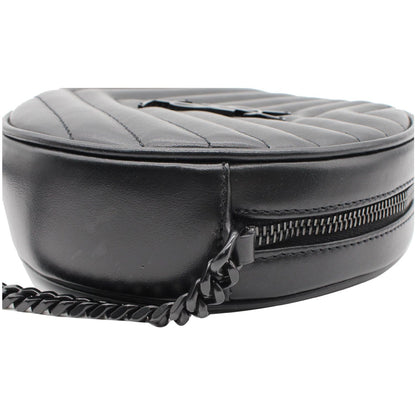 YVES SAINT LAURENT Vinyle Round Chevron Leather Camera Crossbody Bag Black