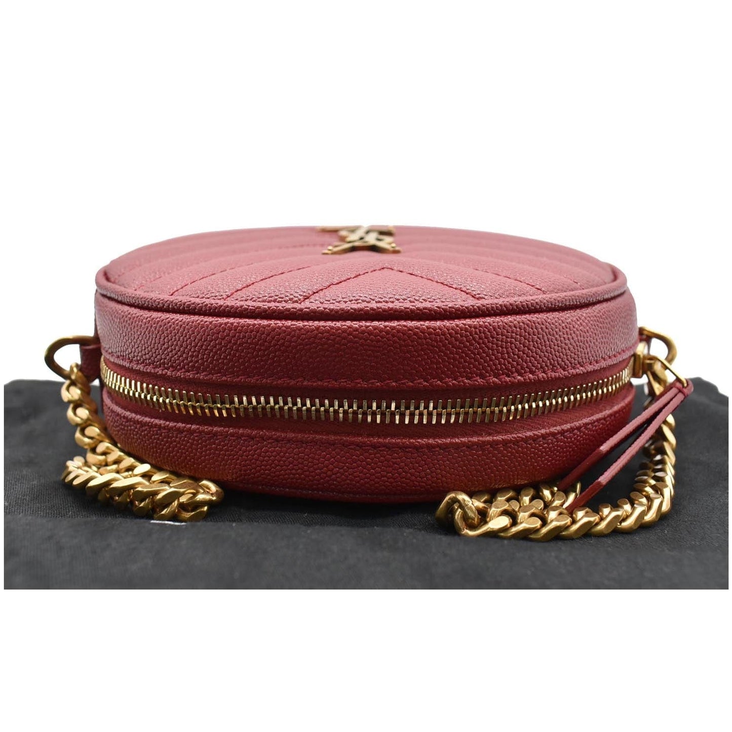 YVES SAINT LAURENT Vinyle Round Chevron Leather Camera Crossbody Bag Red