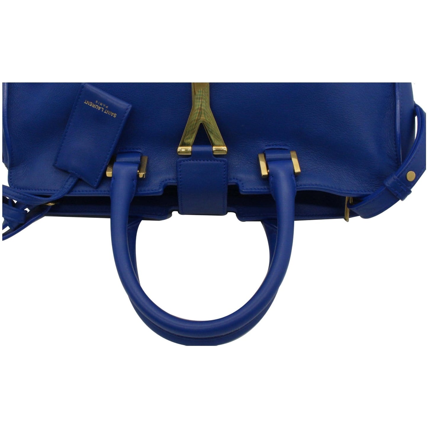 YVES SAINT LAURENT Cabas Y Small Calfskin Leather Tote Shoulder Bag Blue