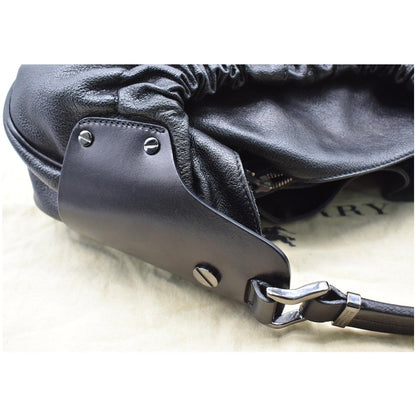 BURBERRY Warrior Drawstring Leather Hobo Bag Black