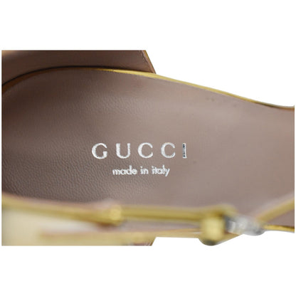 GUCCI Studded T-Strap Metallic Leather Heel Pumps Gold Size 39 1/2