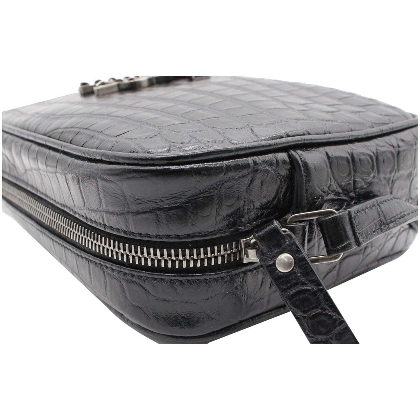 YVES SAINT LAURENT Lou Crocodile Embossed Leather Camera Crossbody Bag Black