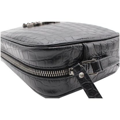 YVES SAINT LAURENT Lou Crocodile Embossed Leather Camera Crossbody Bag Black