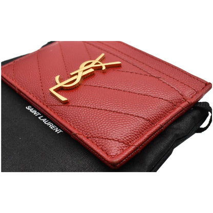 YVES SAINT LAURENT Monogram Grain Embossed Leather Card Case Red