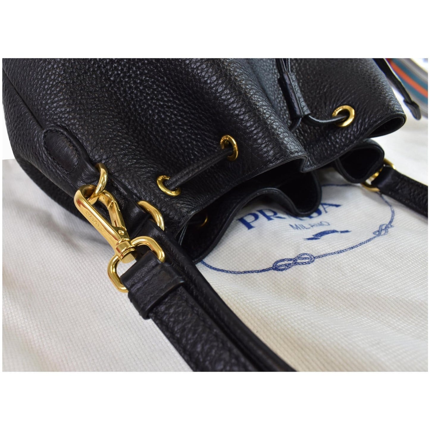 PRADA Logo Drawstring Leather Bucket Shoulder Bag Black