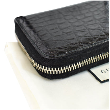 GUCCI Embossed Crocodile Zip Around Bifold Wallet Black 256235 - Final Sale