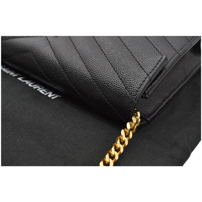 YVES SAINT LAURENT Envelope Chevron Grain De Poudre Envelope Chain Wallet Black