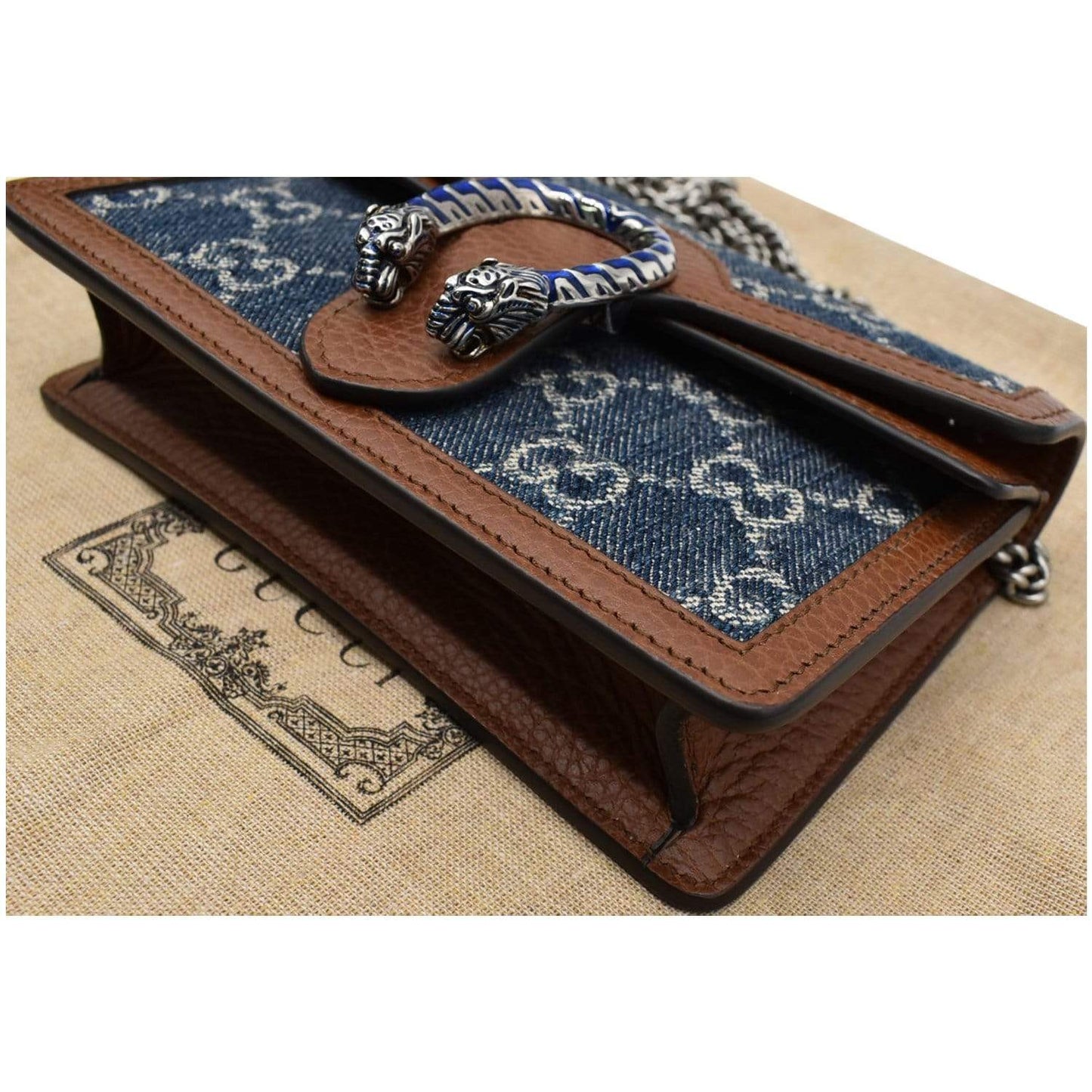 GUCCI Dionysus Super Mini GG Jacquard Denim Chain Shoulder Bag Dark Blue 476432