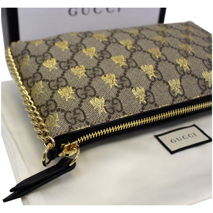 GUCCI Linea Bee GG Supreme Wristlet Handbag Beige/Gold
