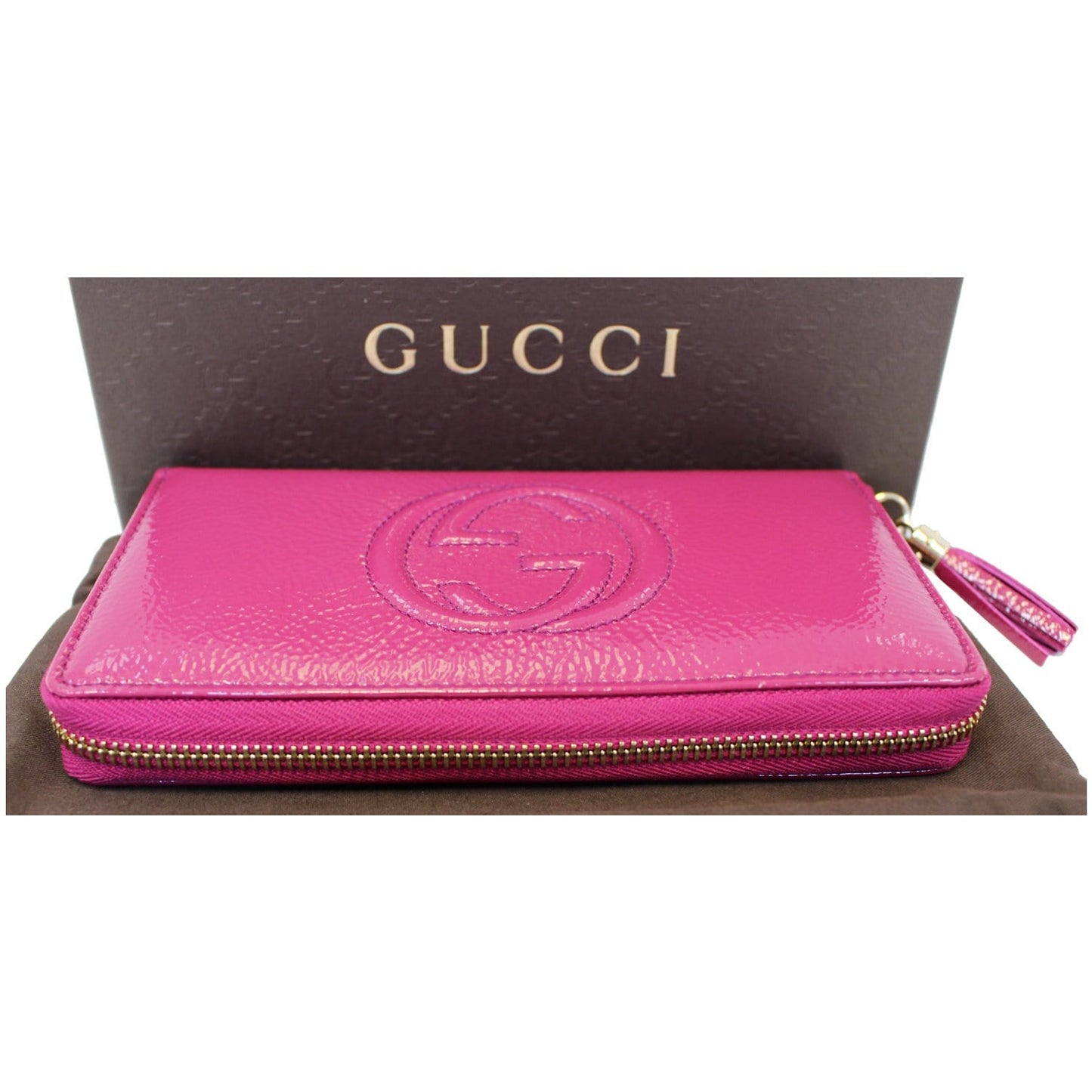 GUCCI Soho Interlocking G Leather Zip Around Wallet Fuchsia