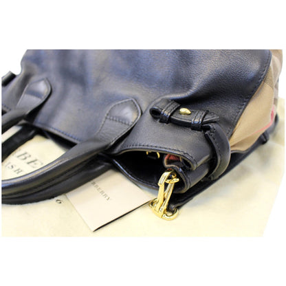 BURBERRY Black Calf Leather House Check Medium Banner Tote Bag