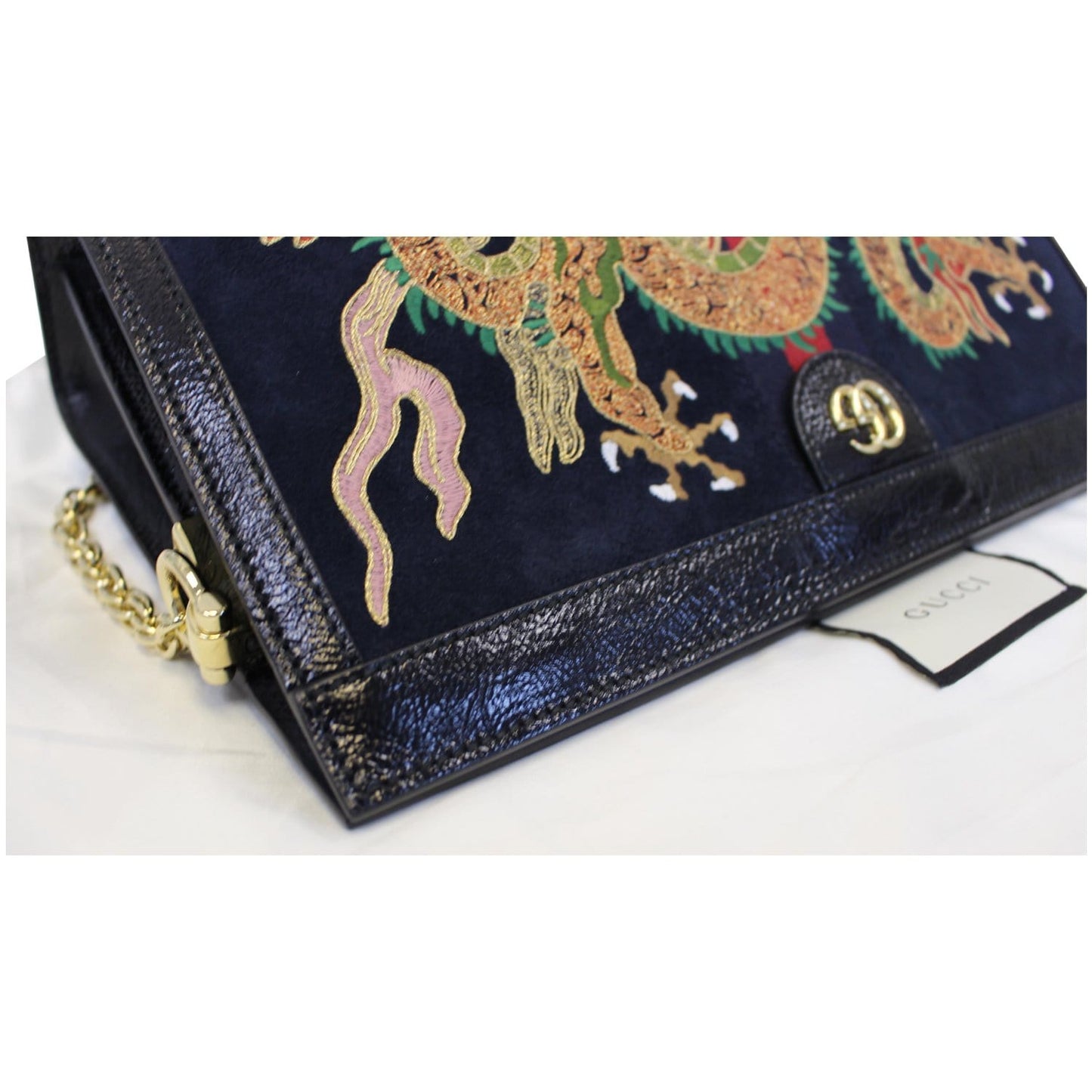 GUCCI Ophidia Dragon Embroidered Suede Leather Shoulder Bag Blue