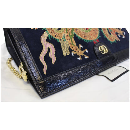 GUCCI Ophidia Dragon Embroidered Suede Leather Shoulder Bag Blue