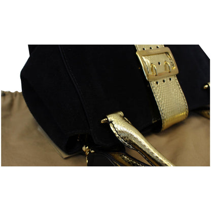 BURBERRY The Medium Buckle Suede and Snakeskin Tote Shoulder Bag Black