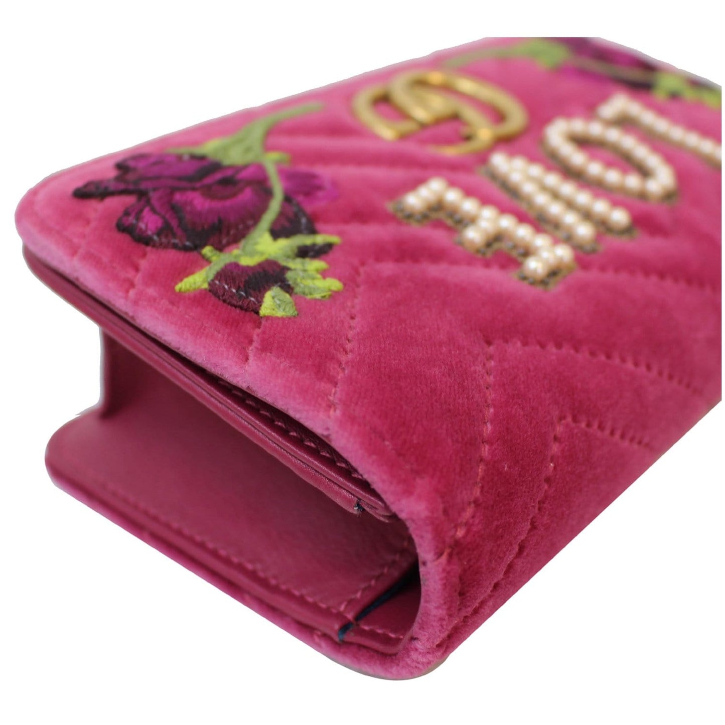 GUCCI Marmont Velvet Love Mini Pearl Embroidered Shoulder Bag Pink