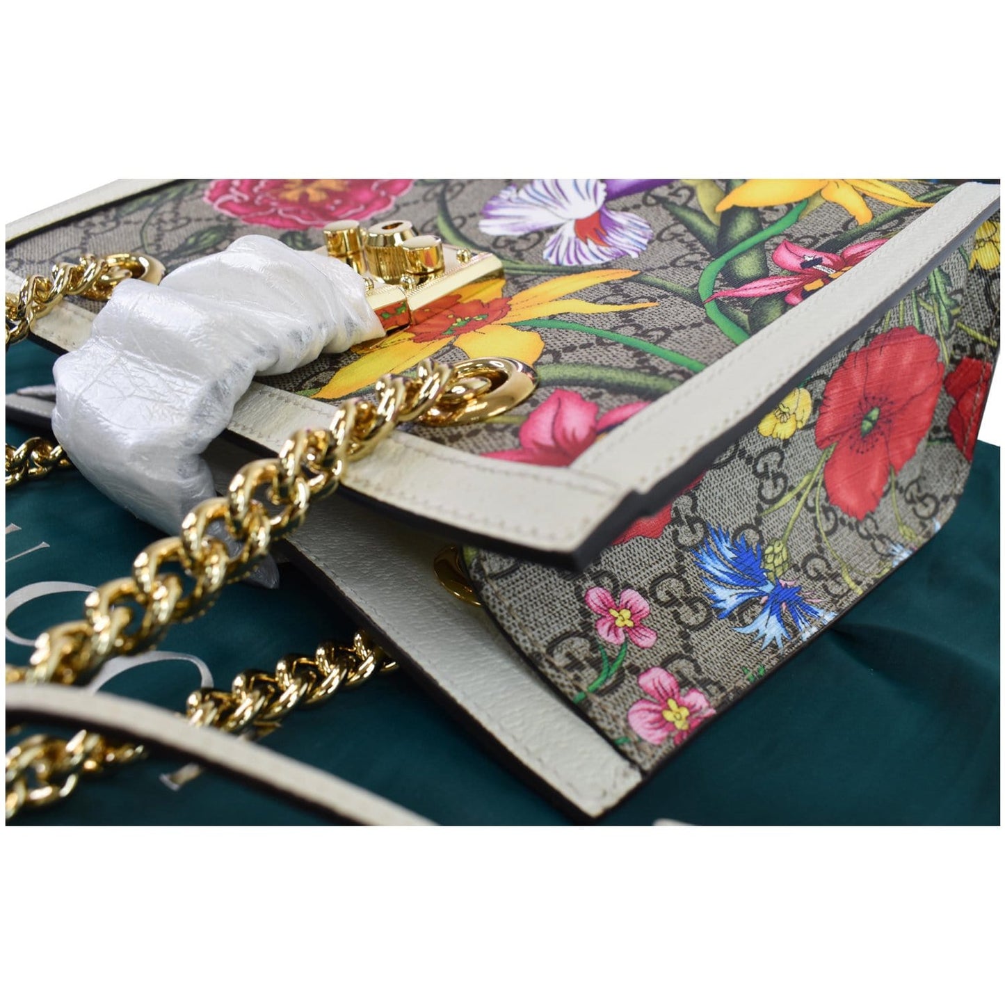 GUCCI Padlock Flora Small GG Supreme Canvas Shoulder Bag Beige 498156