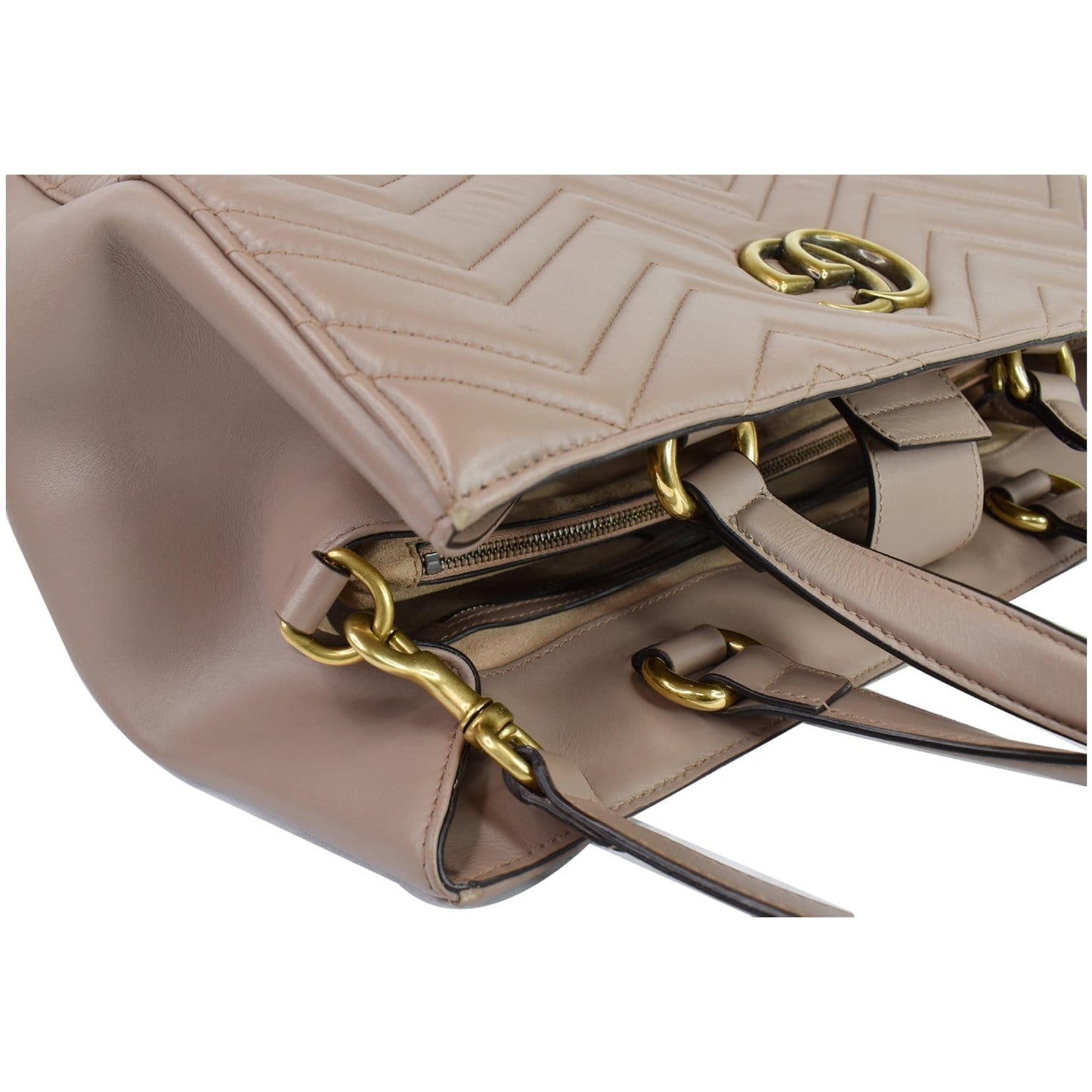 GUCCI GG Marmont Medium Matelasse Leather Top Handle Bag Taupe 443505