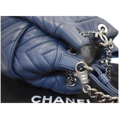 CHANEL Chevron Small CC Chain Bucket Deerskin Drawstring Shoulder Bag Blue
