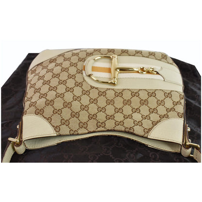 GUCCI Hasler Horsebit GG Canvas Leather Hobo Bag Beige 137388